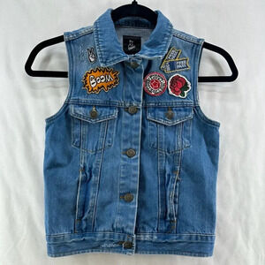 Art Class Vest Junior Size M 7-8 Denim Jean Patchwork Button Front Cotton Blue